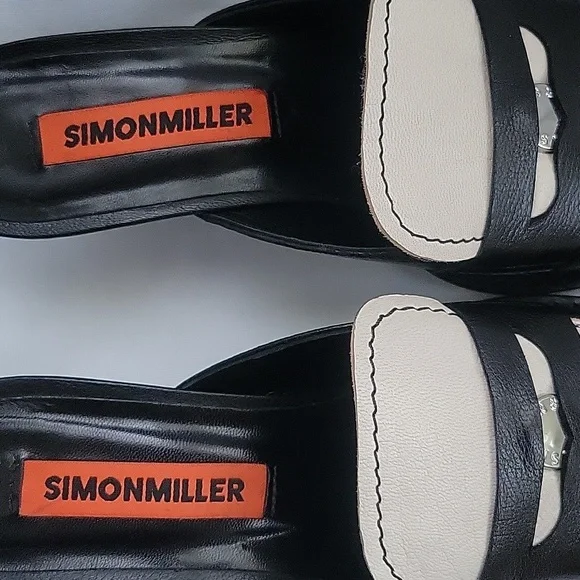 Simon Miller Black and Cream Pointed Penny Leather Mules - Picture 2 of 7